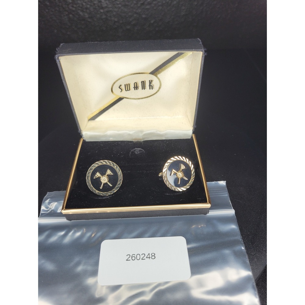 Swank Cufflinks Gold Tone Black Crossed Flags Round Textured Border with Box